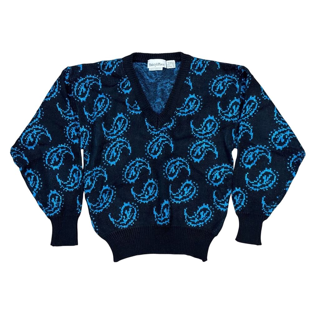 Vtg 80s Patsy’s Place Paisley Black metallic Turquoise V neck sweater Medium